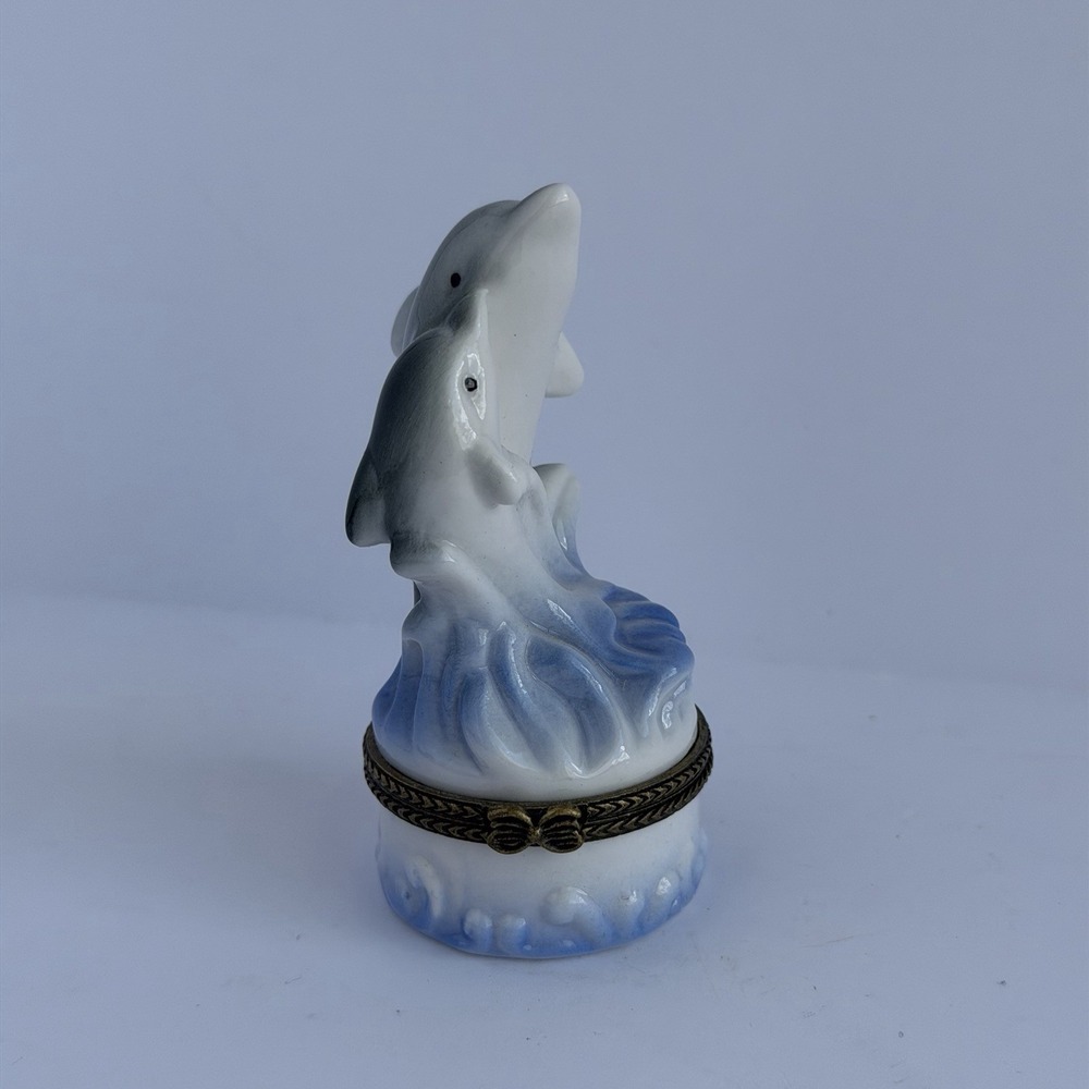 Vtg 90s Porcelain Blue White Glass Dolphins Mini Trinket Ring Box Girlhoodcore